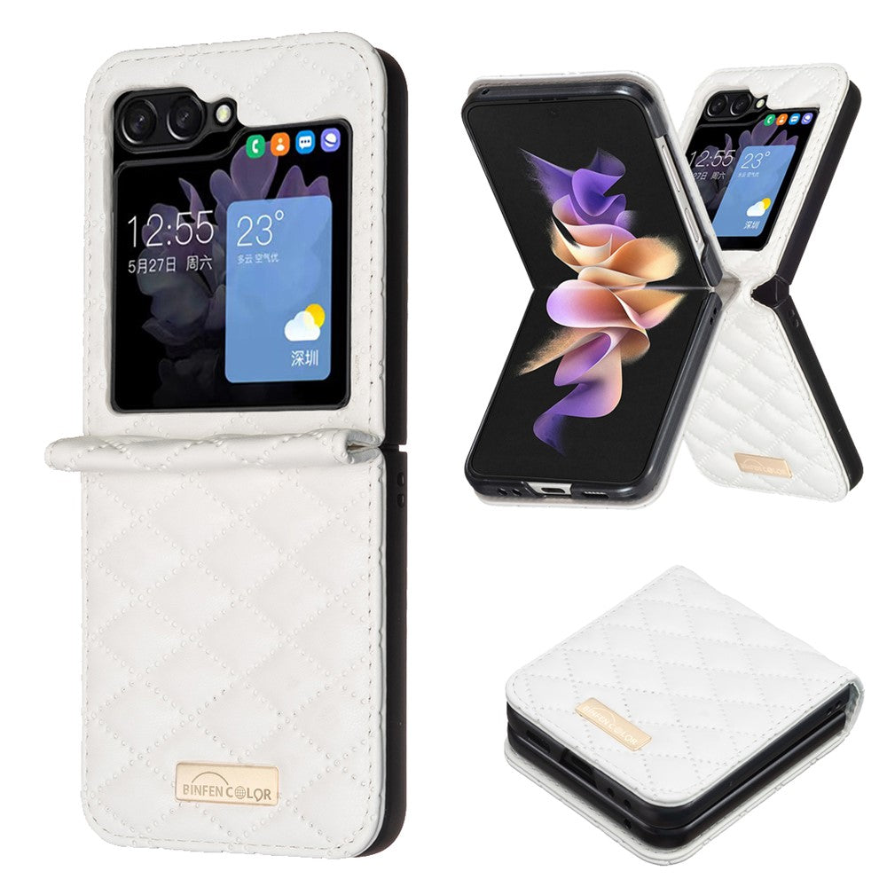 BINFEN COLOR For Samsung Galaxy Z Flip7 FE 5G / Z Flip6 5G / Z Flip5 5G Case Rhombus PU Leather Folding Phone Cover - White