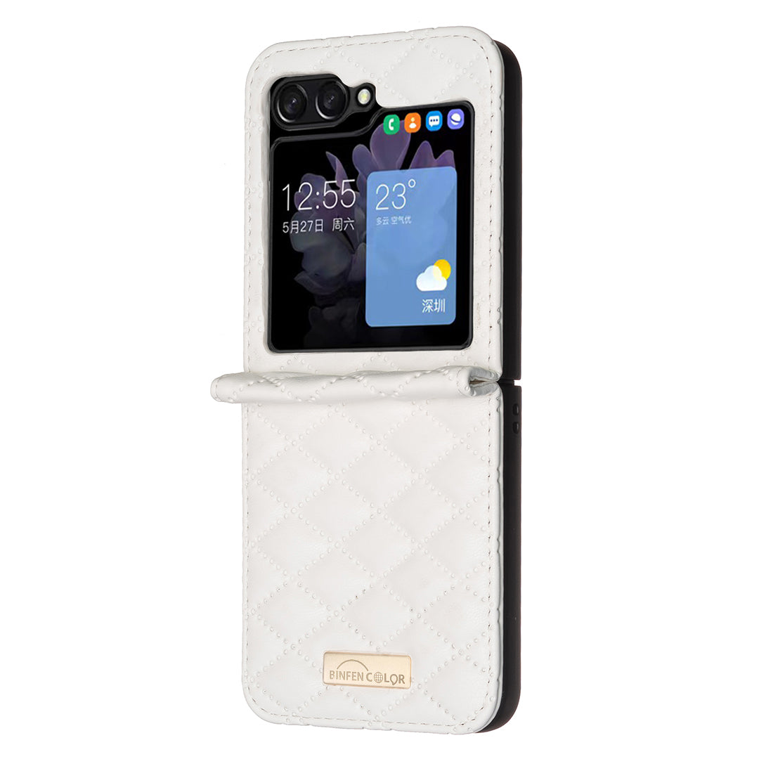BINFEN COLOR For Samsung Galaxy Z Flip6 5G Case Rhombus PU Leather Folding Phone Cover - White