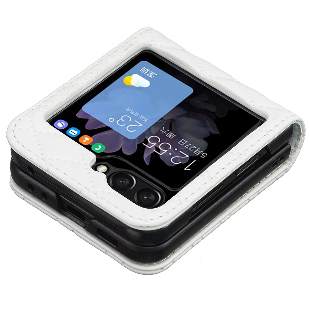BINFEN COLOR For Samsung Galaxy Z Flip6 5G Case Rhombus PU Leather Folding Phone Cover - White