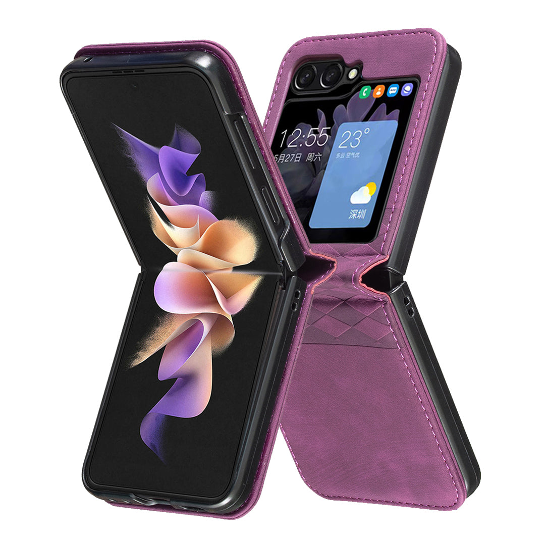 For Samsung Galaxy Z Flip6 5G Case Grid Pattern Imprint Leather Shockproof Phone Cover - Dark Purple