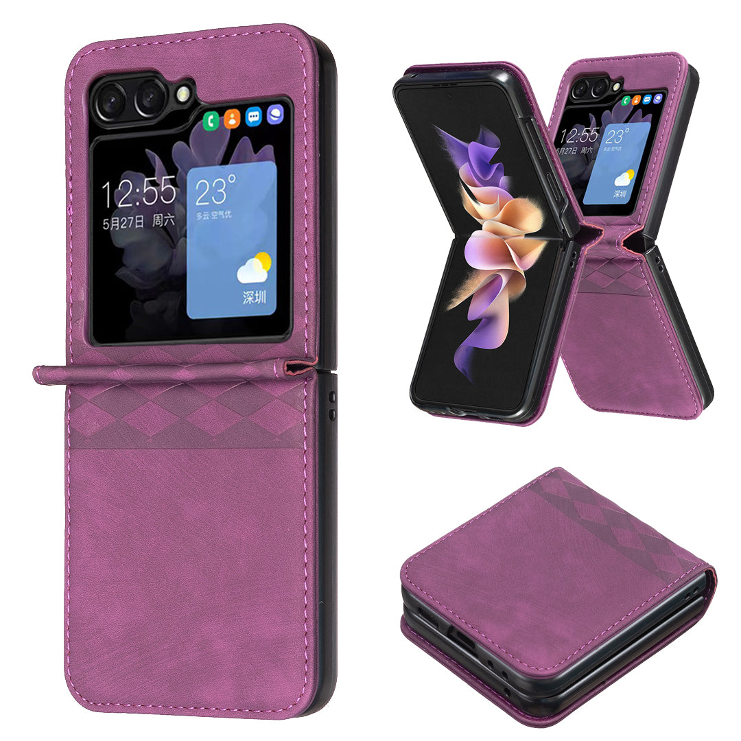 For Samsung Galaxy Z Flip6 5G Case Grid Pattern Imprint Leather Shockproof Phone Cover - Dark Purple