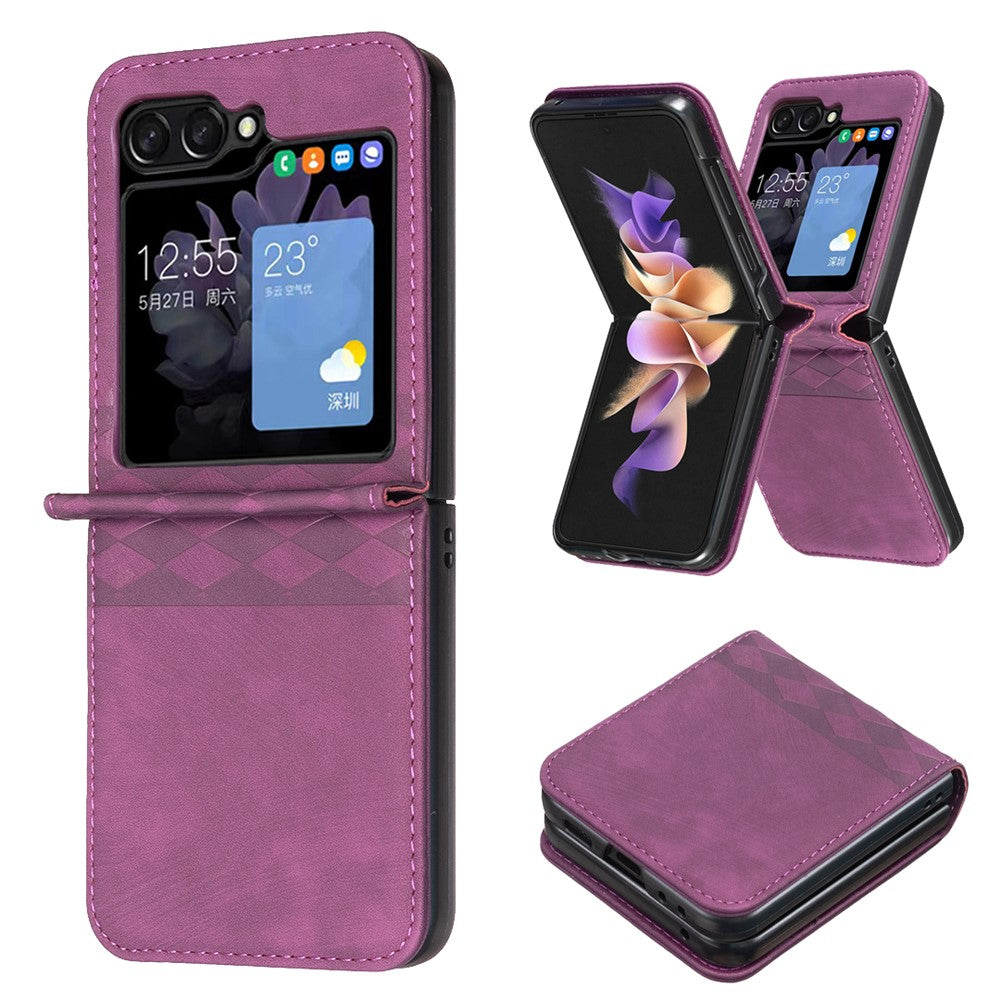 For Samsung Galaxy Z Flip7 FE 5G / Z Flip6 5G / Z Flip5 5G Case Grid Pattern Imprint Leather Shockproof Phone Cover - Dark Purple