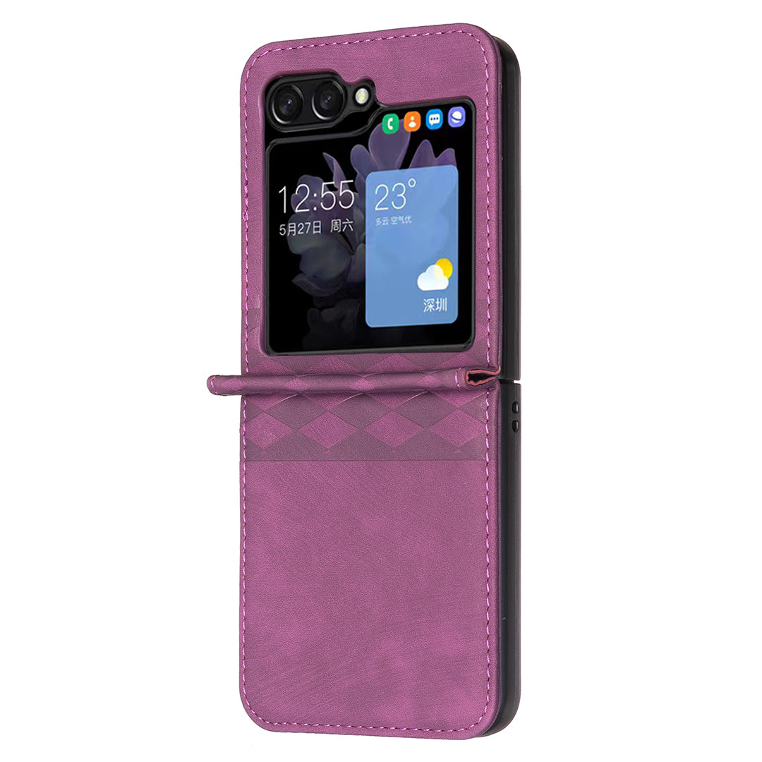For Samsung Galaxy Z Flip6 5G Case Grid Pattern Imprint Leather Shockproof Phone Cover - Dark Purple