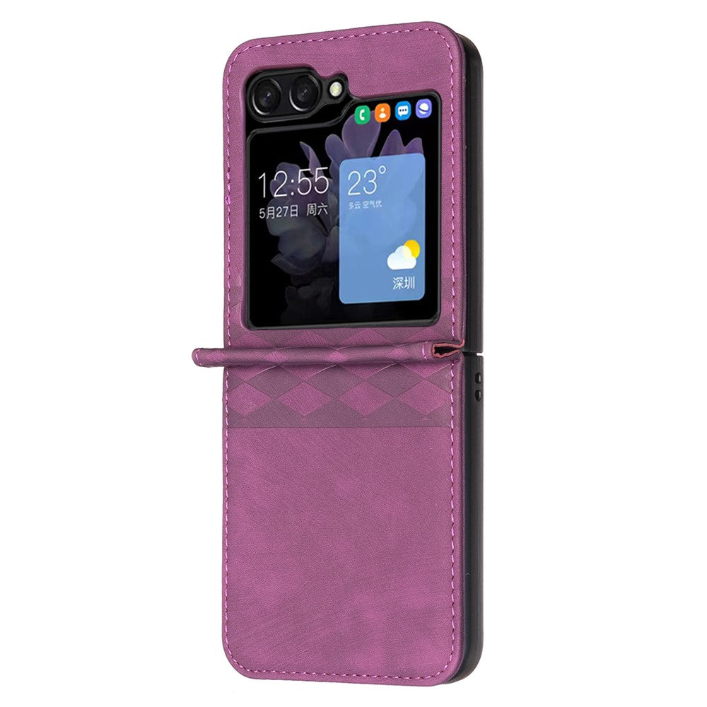 For Samsung Galaxy Z Flip7 FE 5G / Z Flip6 5G / Z Flip5 5G Case Grid Pattern Imprint Leather Shockproof Phone Cover - Dark Purple