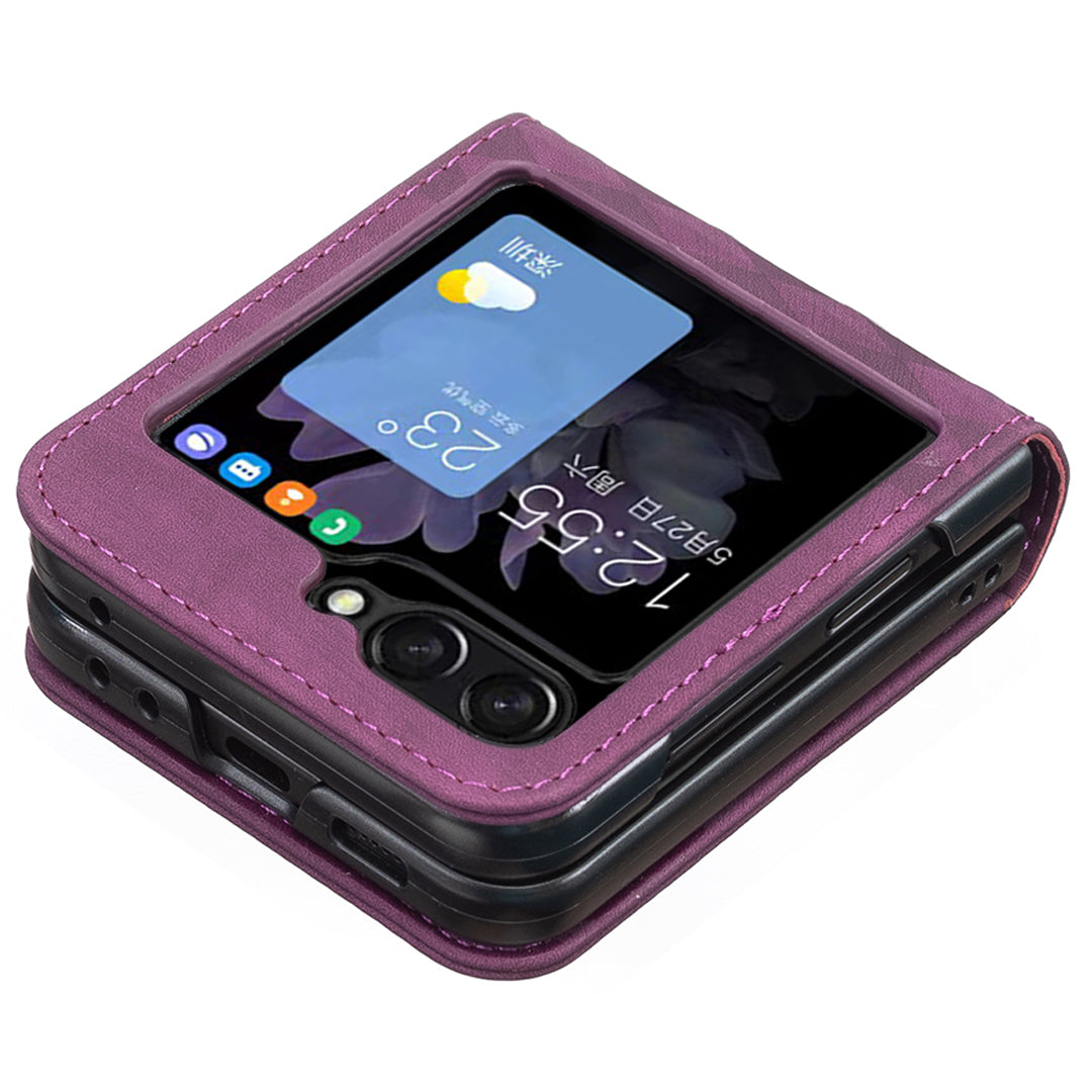 For Samsung Galaxy Z Flip6 5G Case Grid Pattern Imprint Leather Shockproof Phone Cover - Dark Purple