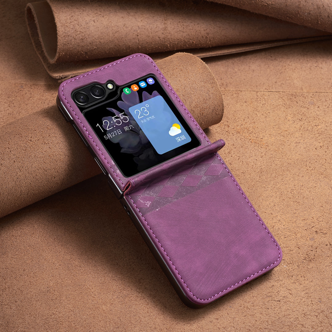 For Samsung Galaxy Z Flip6 5G Case Grid Pattern Imprint Leather Shockproof Phone Cover - Dark Purple