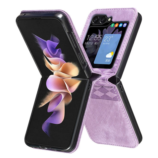 For Samsung Galaxy Z Flip7 FE 5G / Z Flip6 5G / Z Flip5 5G Case Grid Pattern Imprint Leather Shockproof Phone Cover - Purple
