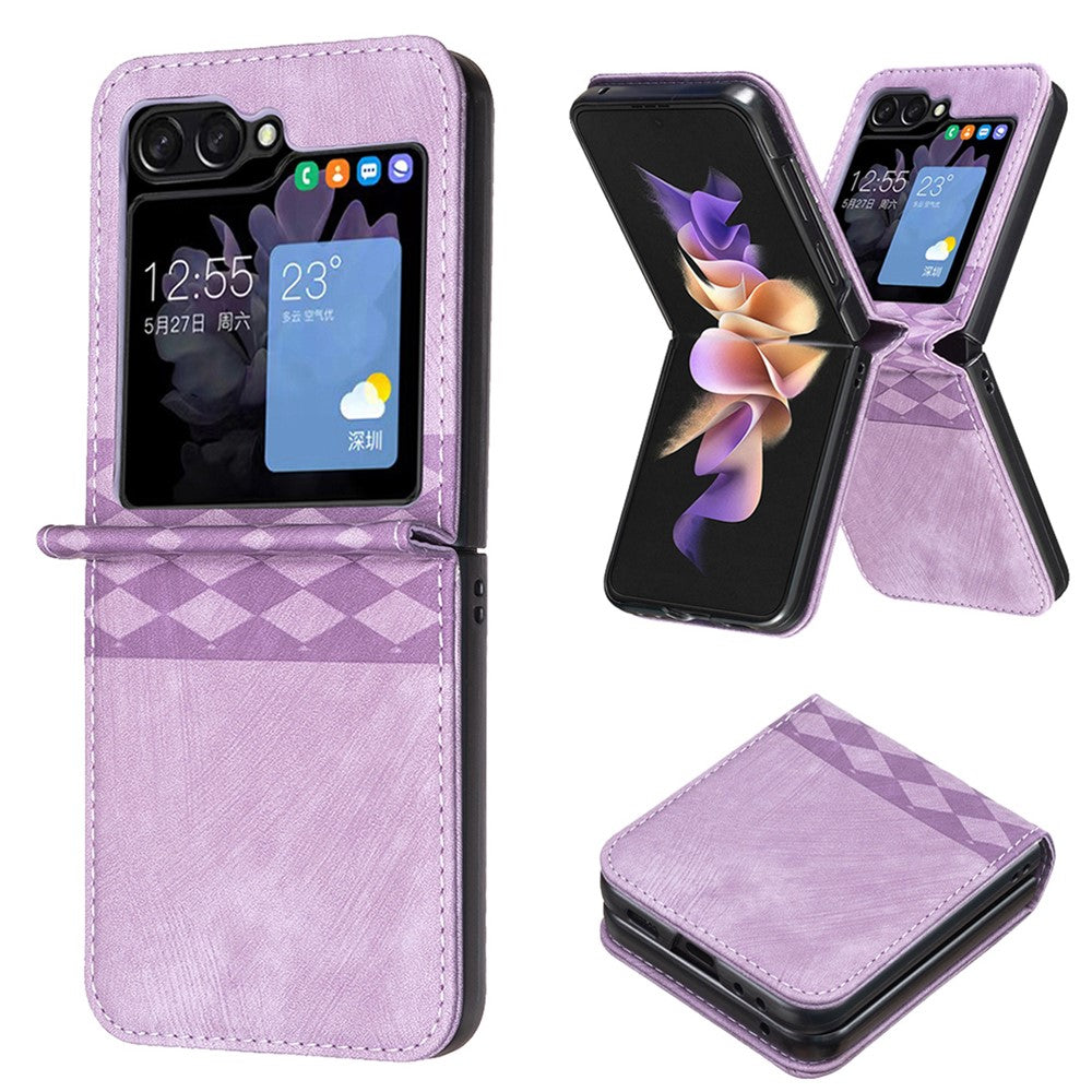 For Samsung Galaxy Z Flip7 FE 5G / Z Flip6 5G / Z Flip5 5G Case Grid Pattern Imprint Leather Shockproof Phone Cover - Purple