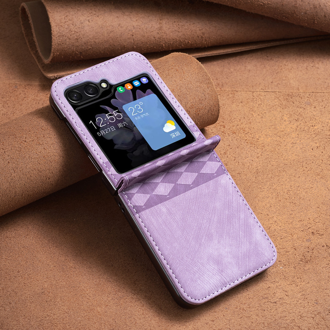 For Samsung Galaxy Z Flip6 5G Case Grid Pattern Imprint Leather Shockproof Phone Cover - Purple