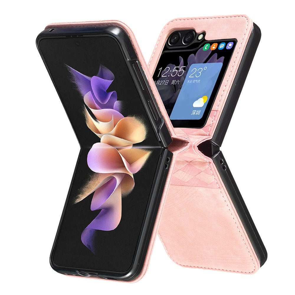 For Samsung Galaxy Z Flip7 FE 5G / Z Flip6 5G / Z Flip5 5G Case Grid Pattern Imprint Leather Shockproof Phone Cover - Pink