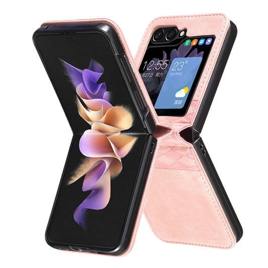 For Samsung Galaxy Z Flip7 FE 5G / Z Flip6 5G / Z Flip5 5G Case Grid Pattern Imprint Leather Shockproof Phone Cover - Pink