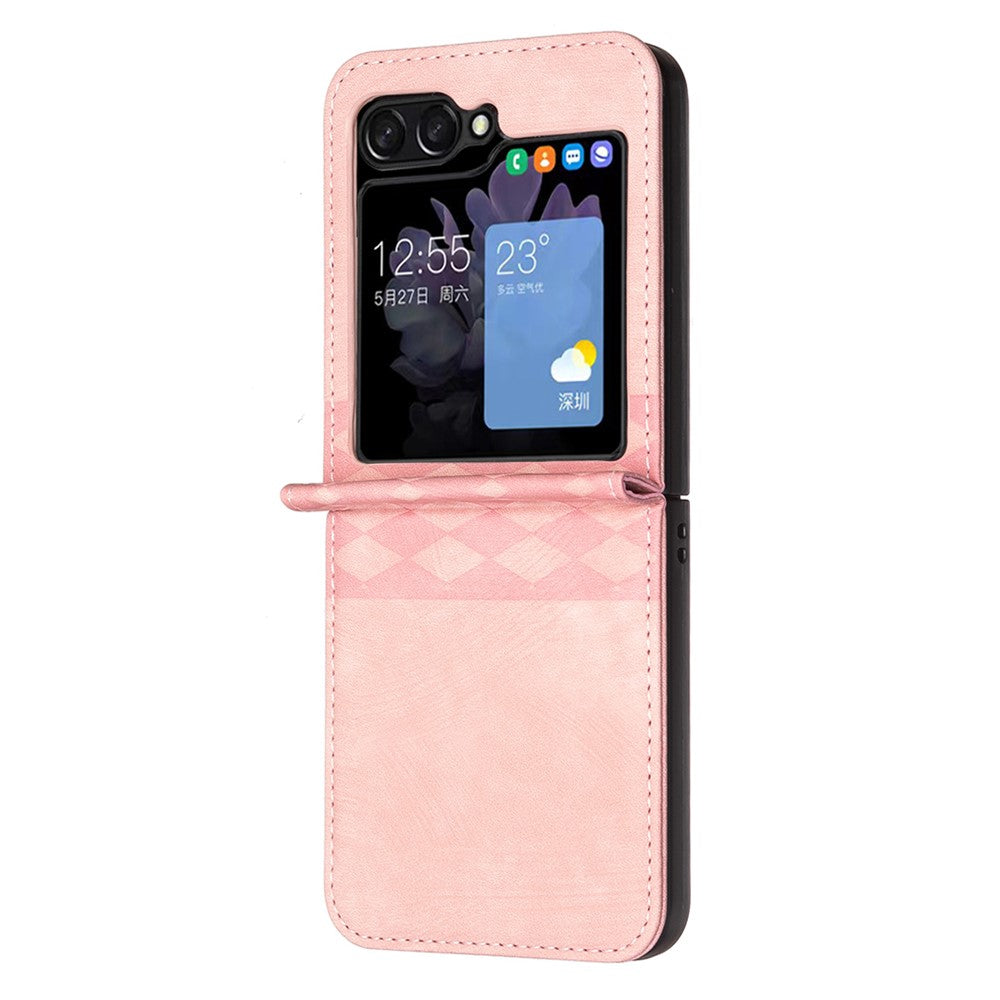 For Samsung Galaxy Z Flip7 FE 5G / Z Flip6 5G / Z Flip5 5G Case Grid Pattern Imprint Leather Shockproof Phone Cover - Pink