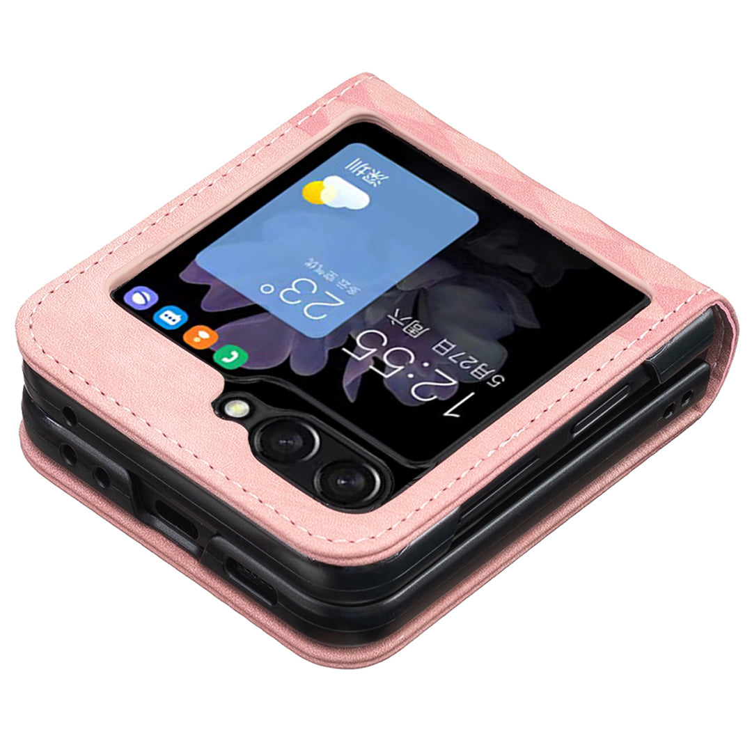 For Samsung Galaxy Z Flip6 5G Case Grid Pattern Imprint Leather Shockproof Phone Cover - Pink
