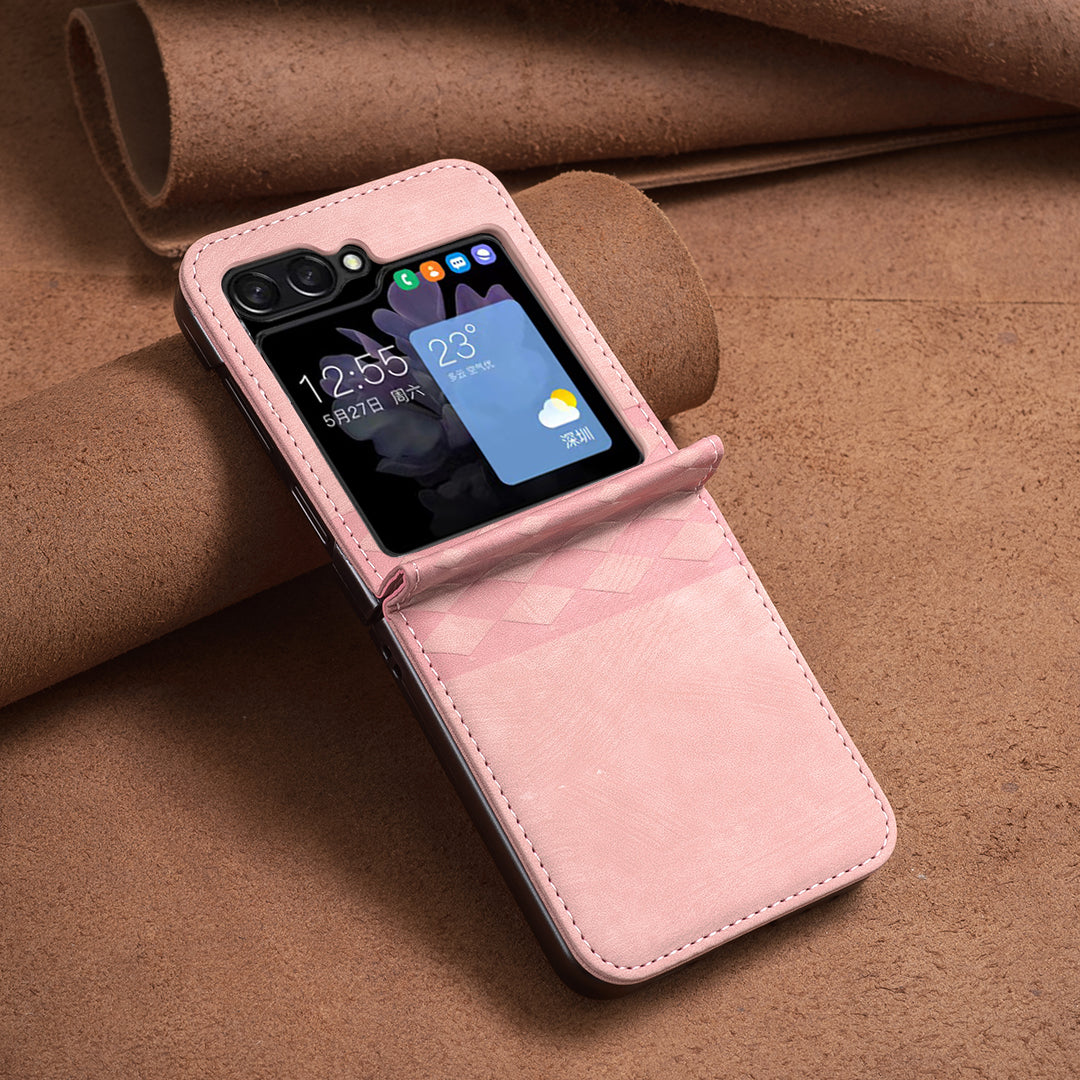 For Samsung Galaxy Z Flip6 5G Case Grid Pattern Imprint Leather Shockproof Phone Cover - Pink