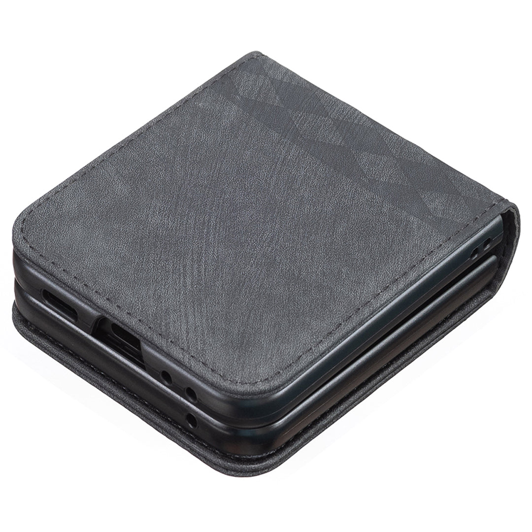 For Samsung Galaxy Z Flip6 5G Case Grid Pattern Imprint Leather Shockproof Phone Cover - Black