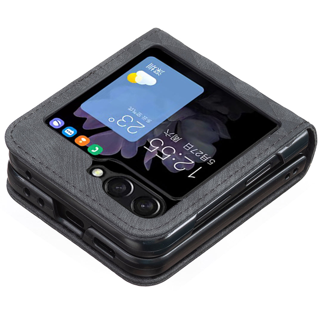 For Samsung Galaxy Z Flip6 5G Case Grid Pattern Imprint Leather Shockproof Phone Cover - Black
