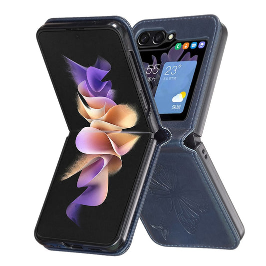 For Samsung Galaxy Z Flip7 FE 5G / Z Flip6 5G / Z Flip5 5G Case Butterfly Pattern PU Leather + PC Anti-Scratch Phone Cover - Blue