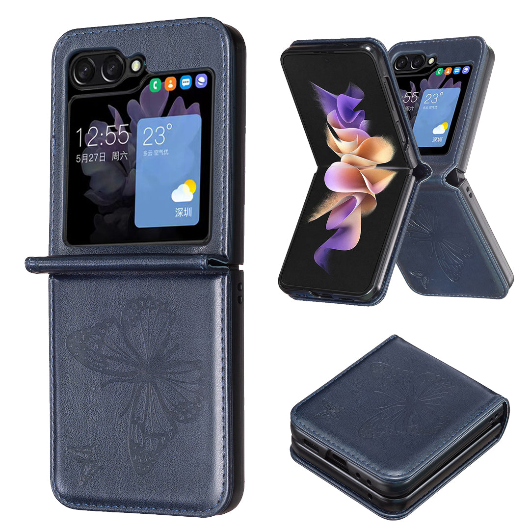 For Samsung Galaxy Z Flip6 5G Case Butterfly Pattern PU Leather + PC Anti-Scratch Phone Cover - Blue