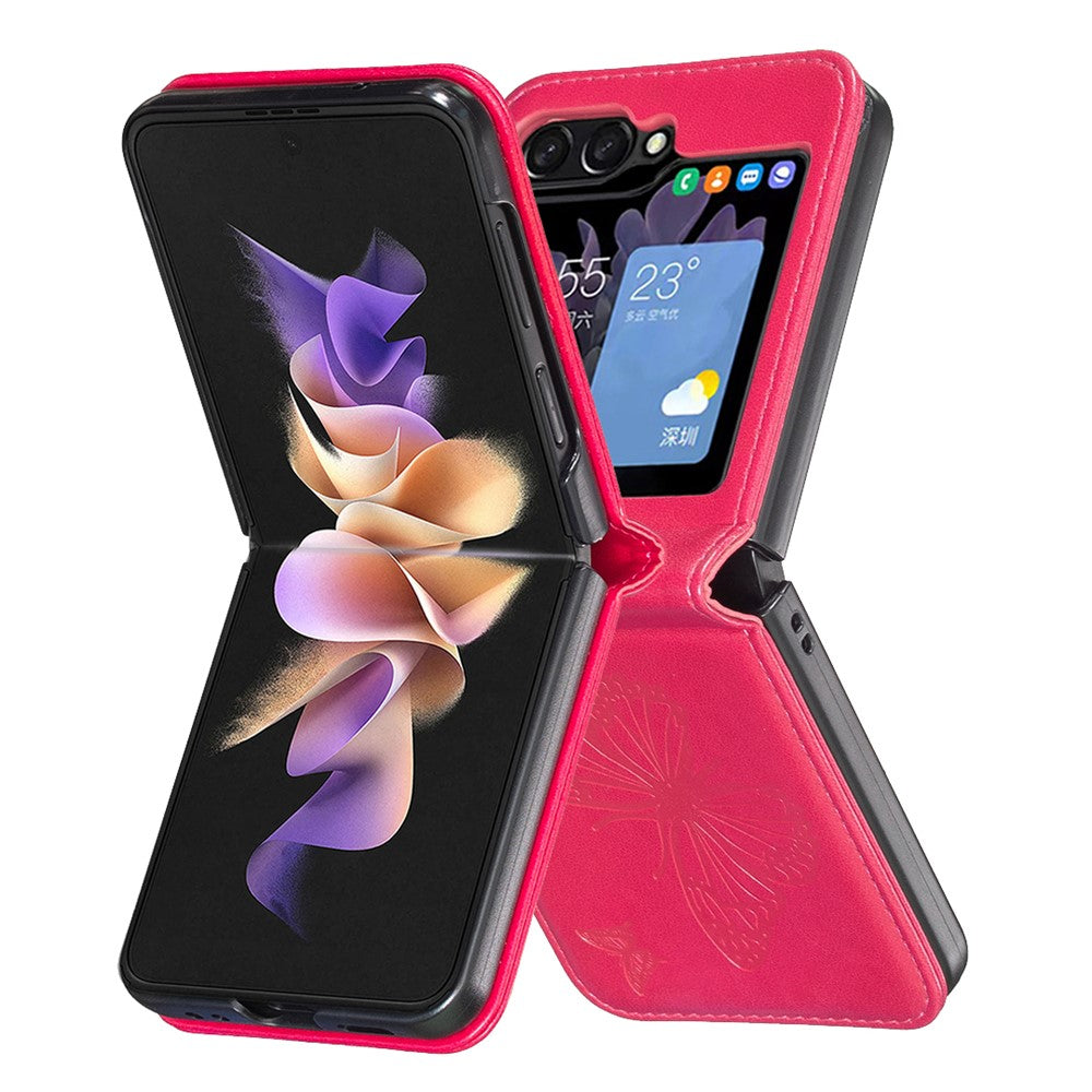 For Samsung Galaxy Z Flip7 FE 5G / Z Flip6 5G / Z Flip5 5G Case Butterfly Pattern PU Leather + PC Anti-Scratch Phone Cover - Rose