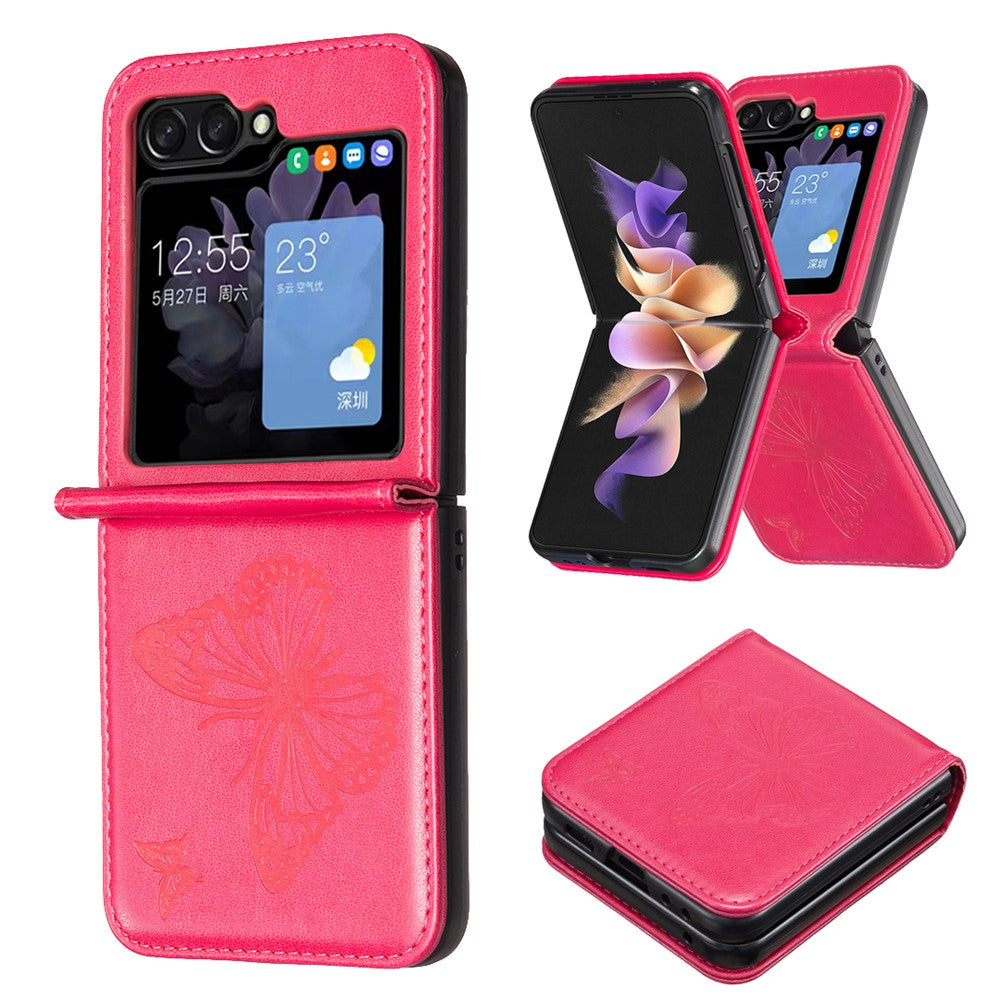 For Samsung Galaxy Z Flip7 FE 5G / Z Flip6 5G / Z Flip5 5G Case Butterfly Pattern PU Leather + PC Anti-Scratch Phone Cover - Rose