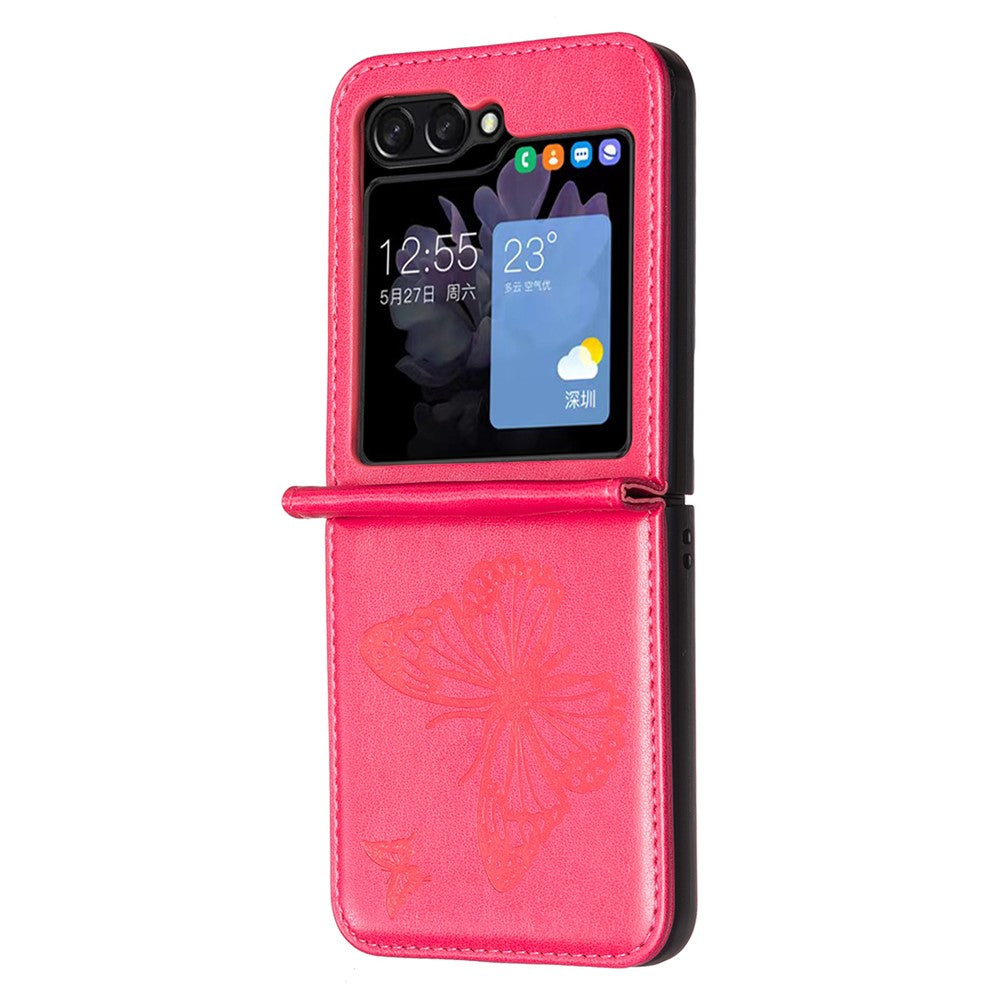For Samsung Galaxy Z Flip7 FE 5G / Z Flip6 5G / Z Flip5 5G Case Butterfly Pattern PU Leather + PC Anti-Scratch Phone Cover - Rose