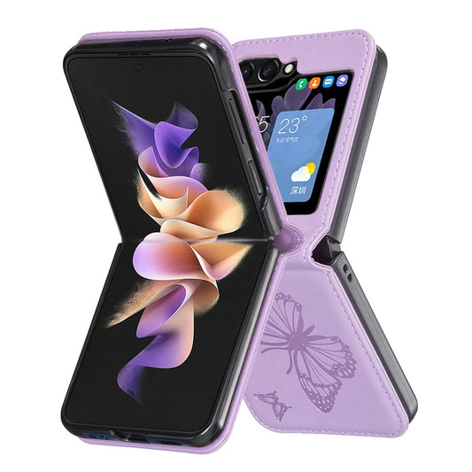 For Samsung Galaxy Z Flip7 FE 5G / Z Flip6 5G / Z Flip5 5G Case Butterfly Pattern PU Leather + PC Anti-Scratch Phone Cover - Purple