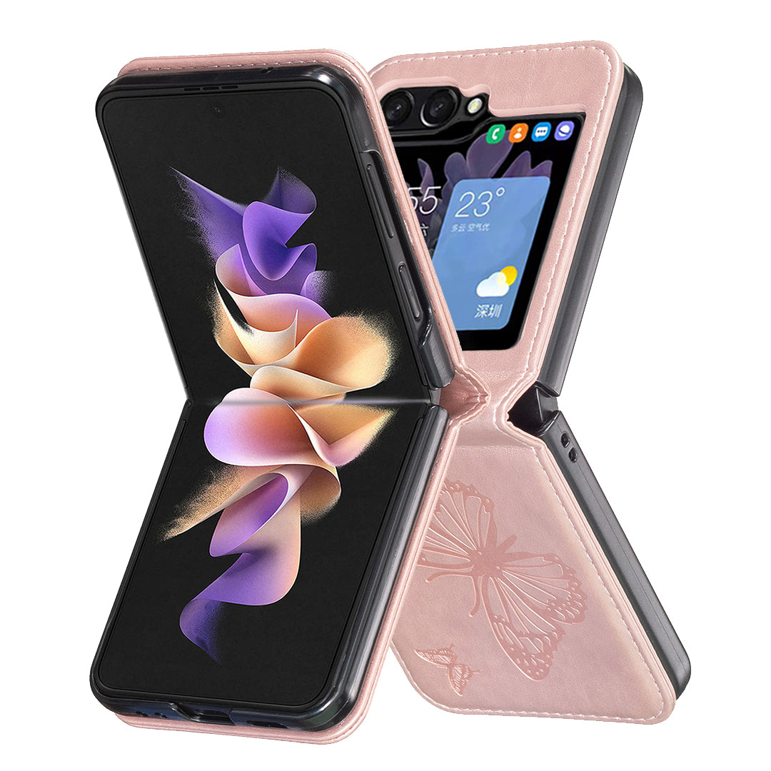 For Samsung Galaxy Z Flip6 5G Case Butterfly Pattern PU Leather + PC Anti-Scratch Phone Cover - Rose Gold
