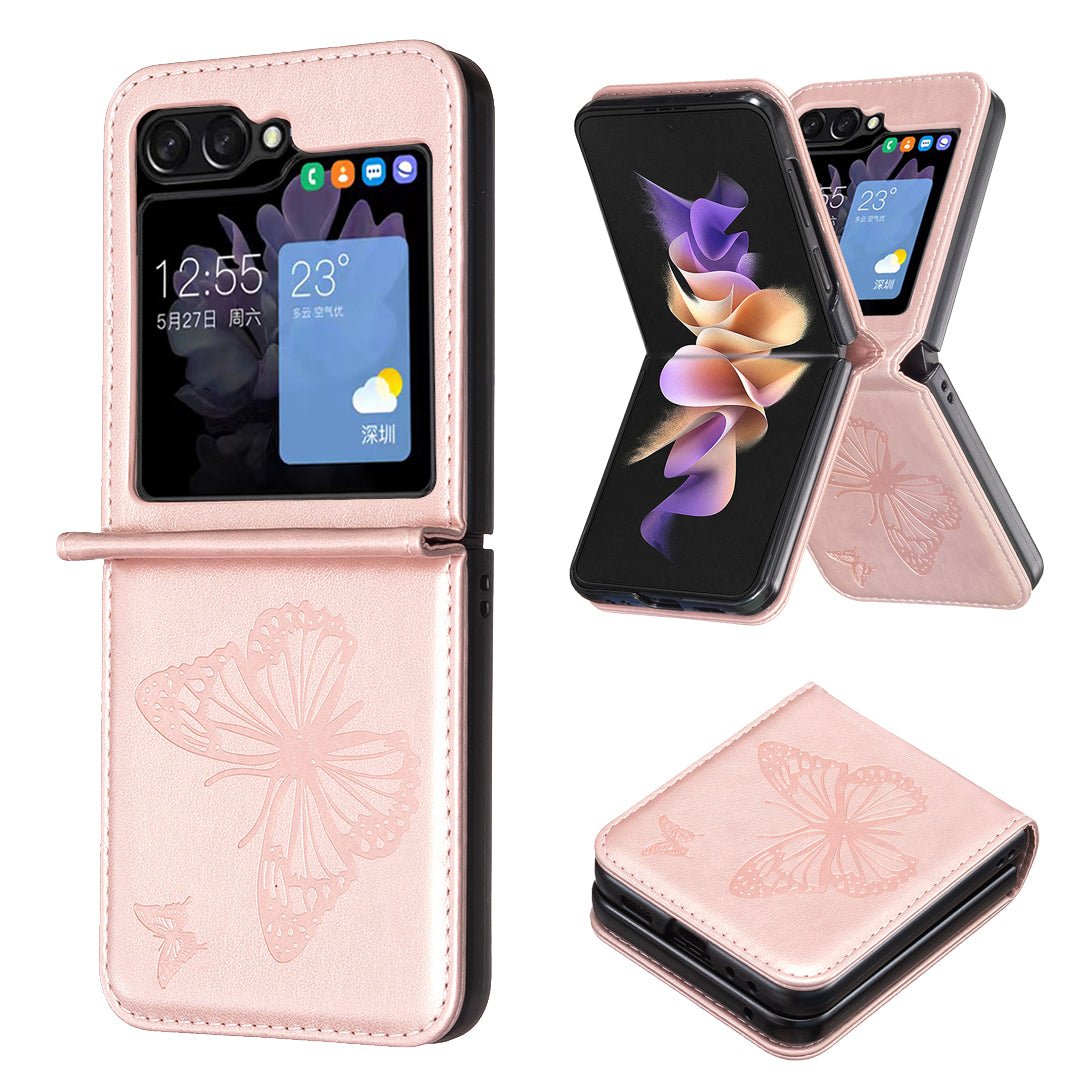 For Samsung Galaxy Z Flip6 5G Case Butterfly Pattern PU Leather + PC Anti-Scratch Phone Cover - Rose Gold