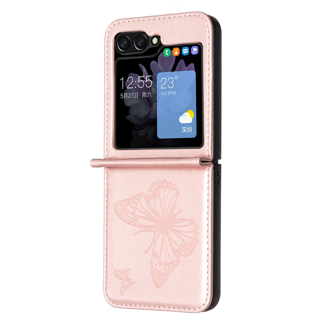 For Samsung Galaxy Z Flip6 5G Case Butterfly Pattern PU Leather + PC Anti-Scratch Phone Cover - Rose Gold