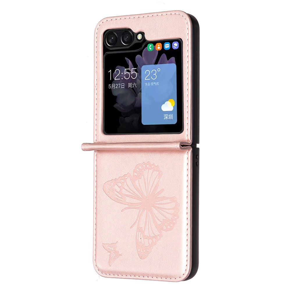For Samsung Galaxy Z Flip7 FE 5G / Z Flip6 5G / Z Flip5 5G Case Butterfly Pattern PU Leather + PC Anti-Scratch Phone Cover - Rose Gold