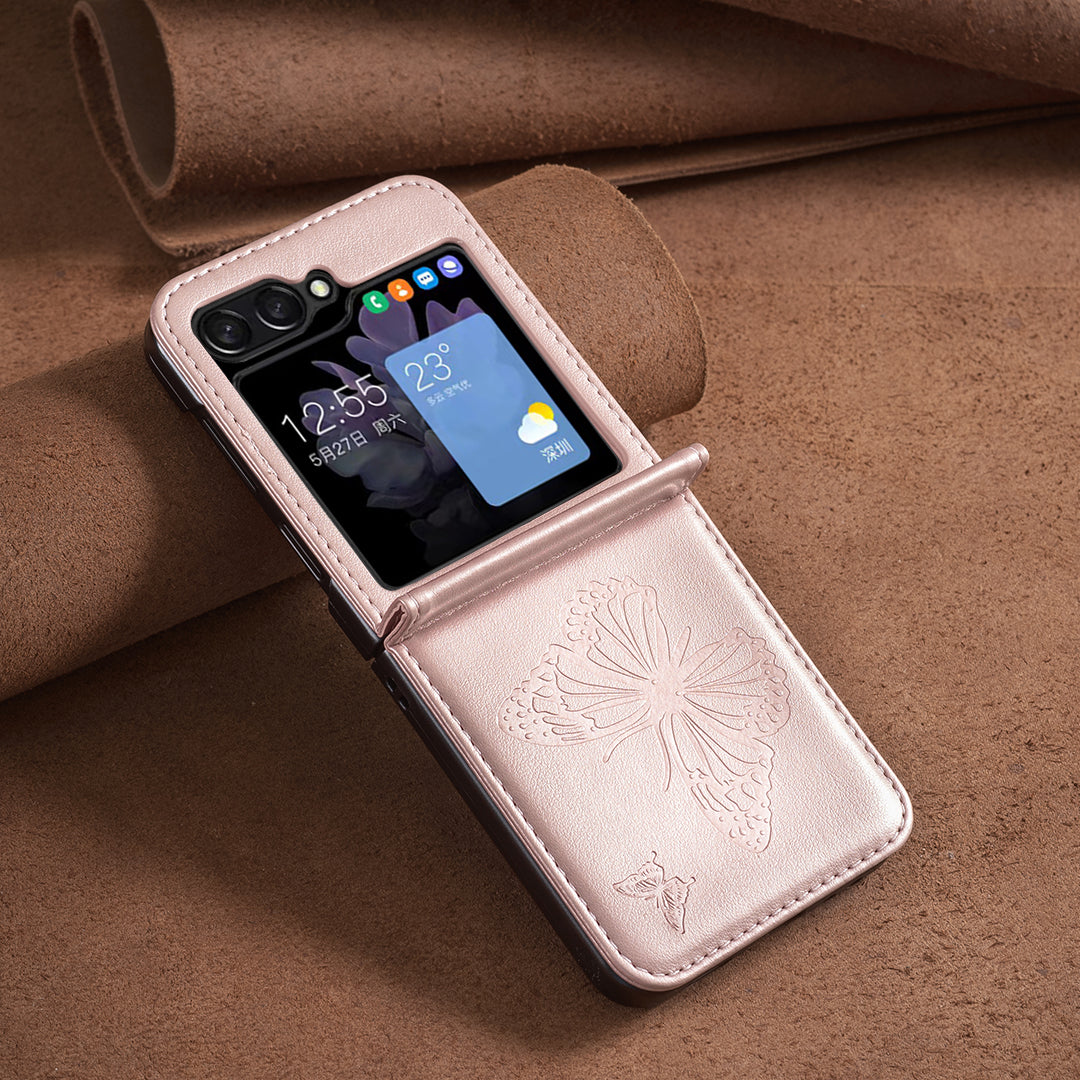For Samsung Galaxy Z Flip6 5G Case Butterfly Pattern PU Leather + PC Anti-Scratch Phone Cover - Rose Gold