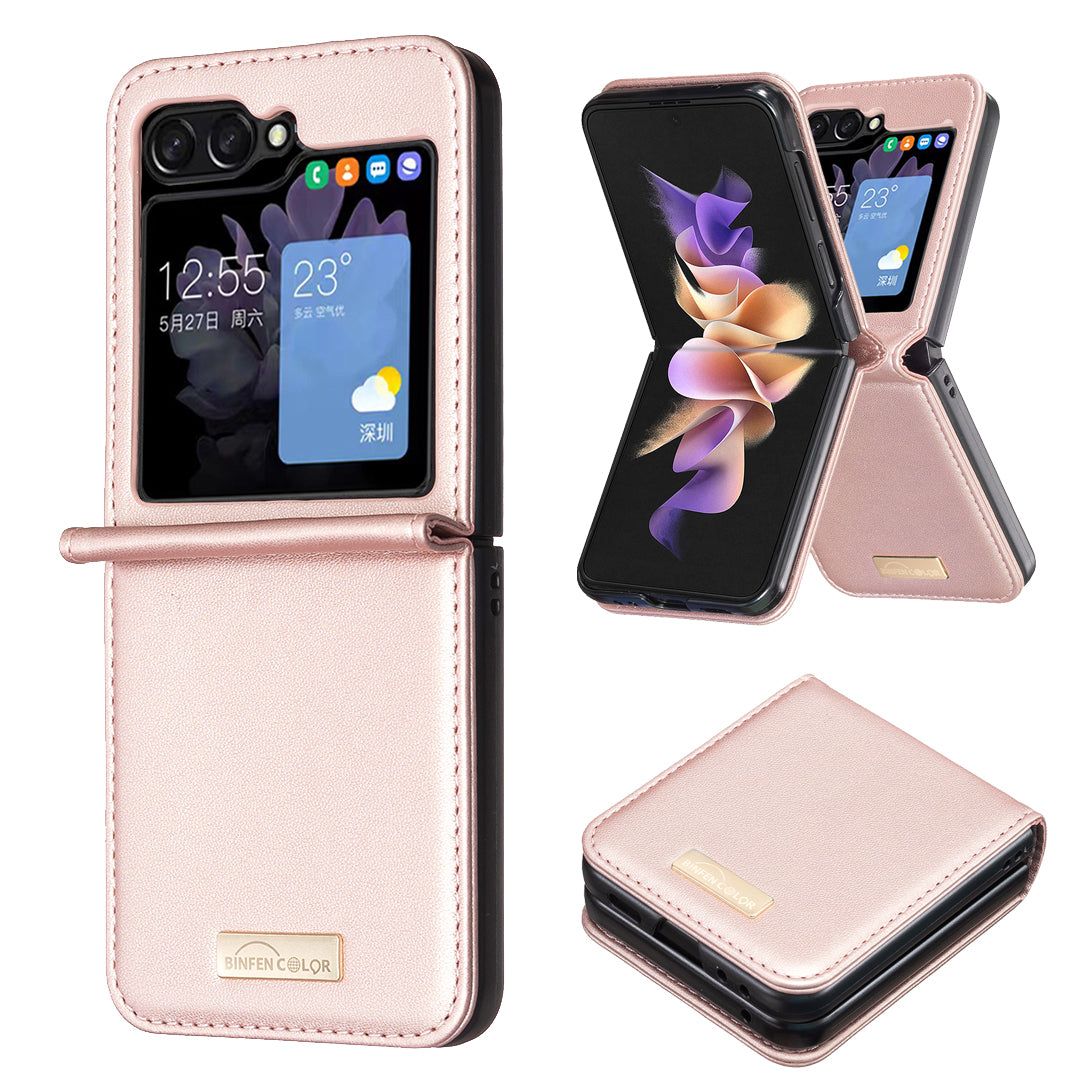 BINFEN COLOR R20 For Samsung Galaxy Z Flip6 5G Case PU Leather+PC Phone Cover - Rose Gold