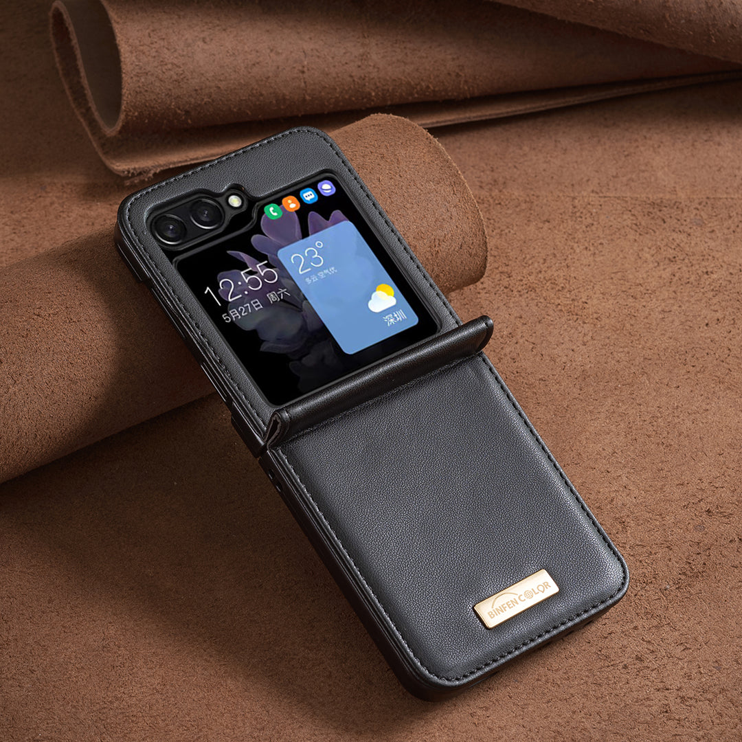 BINFEN COLOR R20 For Samsung Galaxy Z Flip6 5G Case PU Leather+PC Phone Cover - Black