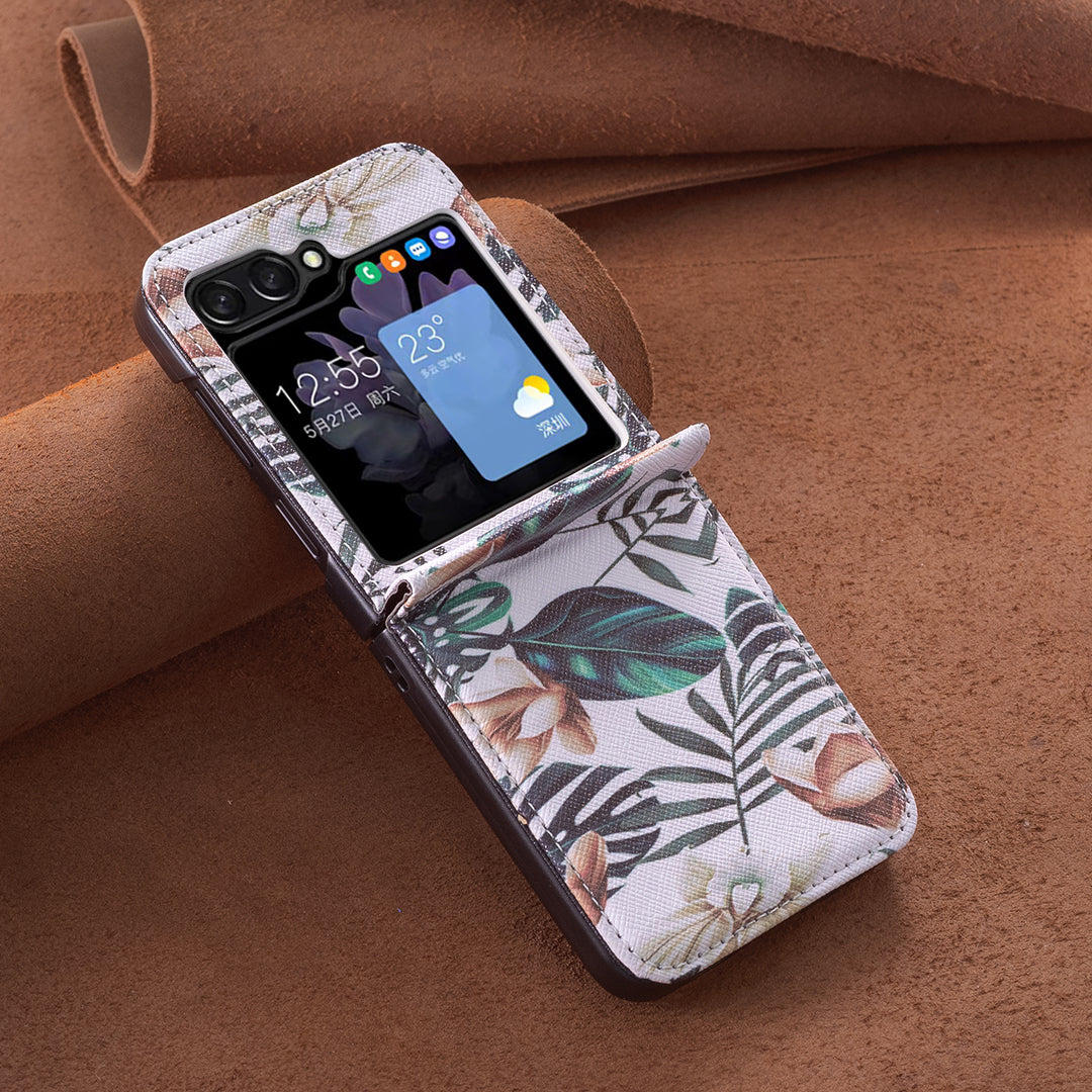 For Samsung Galaxy Z Flip6 5G Case Pattern Print PU Leather Phone Shell - Leaves and Flowers