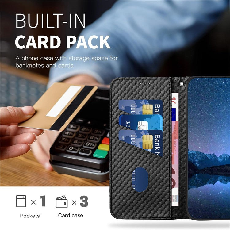 YX0070 For Samsung Galaxy M55 5G / C55 5G / F55 5G Wallet Case Carbon Fiber Texture Leather Phone Cover - Black
