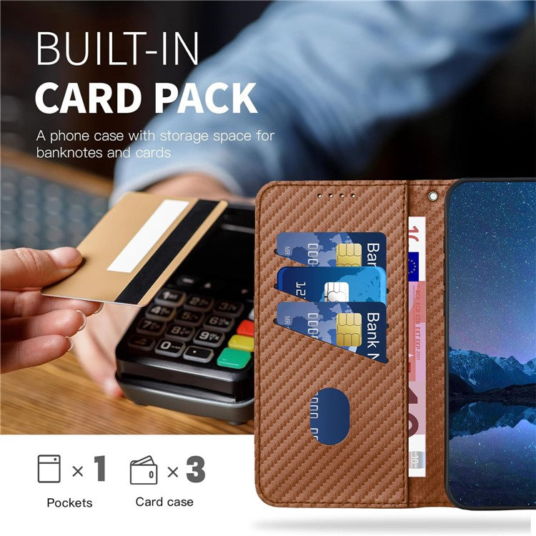 YX0070 For Samsung Galaxy M55 5G / C55 5G / F55 5G Wallet Case Carbon Fiber Texture Leather Phone Cover - Coffee