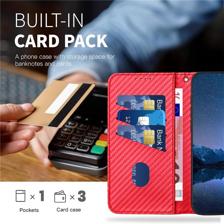 YX0070 For Samsung Galaxy M55 5G / C55 5G / F55 5G Wallet Case Carbon Fiber Texture Leather Phone Cover - Red