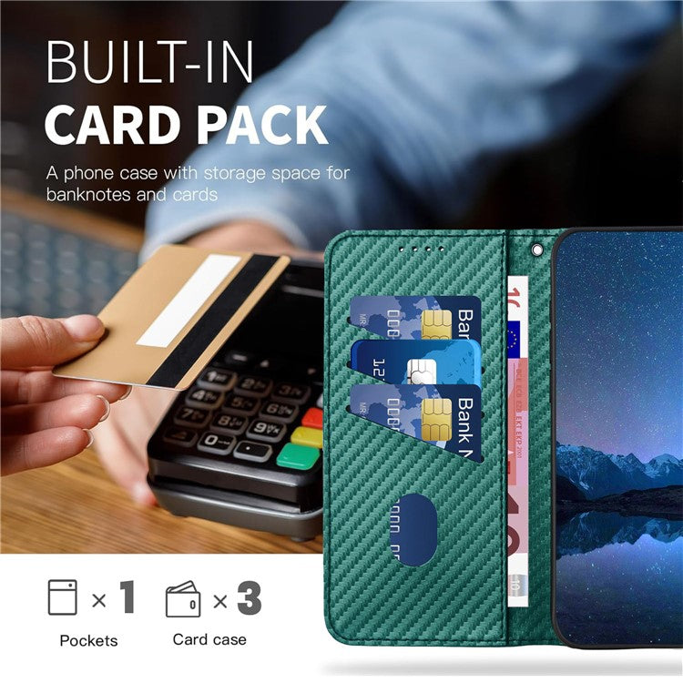 YX0070 For Samsung Galaxy M55 5G / C55 5G / F55 5G Wallet Case Carbon Fiber Texture Leather Phone Cover - Blackish Green