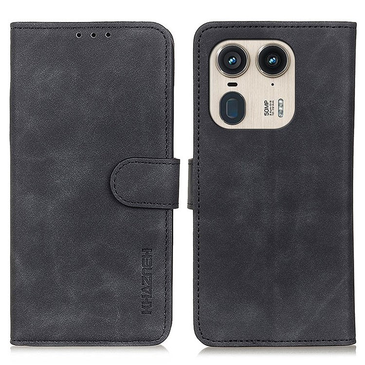 KHAZNEH For Motorola Edge 50 Ultra 5G / Moto X50 Ultra 5G Case Retro PU Leather Drop-Proof Phone Stand Cover - Black