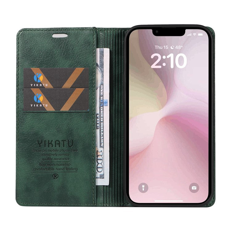 YIKATU YK-006 For iPhone 16e Case Wallet Leather Litchi Texture Magnetic Absorption Phone Cover - Green