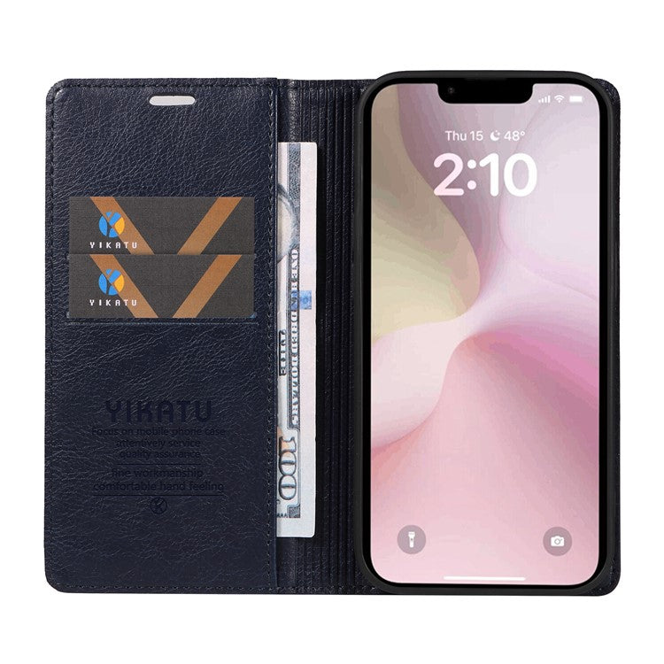 YIKATU YK-006 For iPhone 16e Case Wallet Leather Litchi Texture Magnetic Absorption Phone Cover - Navy Blue
