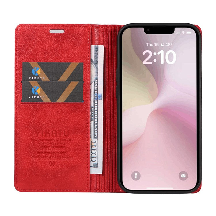YIKATU YK-006 For iPhone 16e Case Wallet Leather Litchi Texture Magnetic Absorption Phone Cover - Red