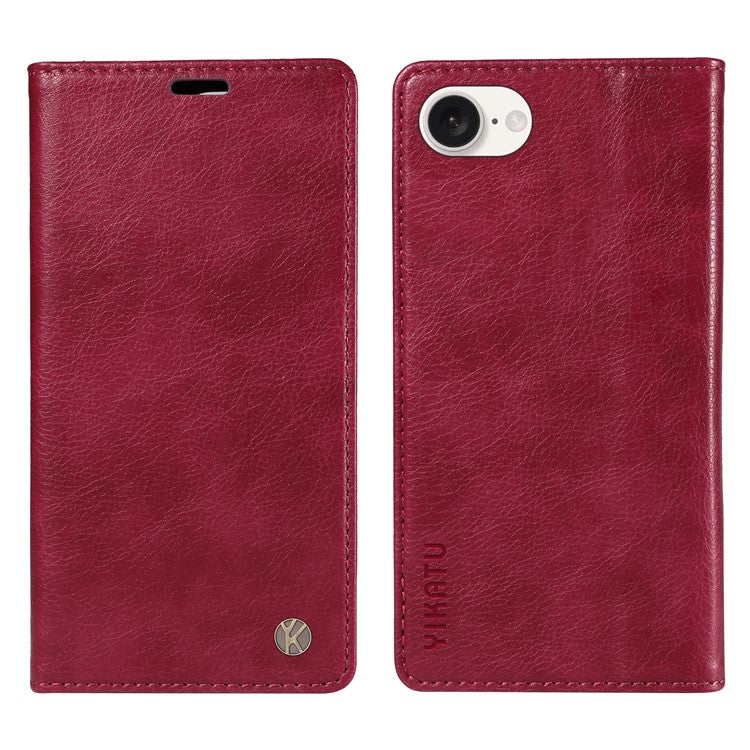 YIKATU YK-006 For iPhone 16e Case Wallet Leather Litchi Texture Magnetic Absorption Phone Cover - Wine Red