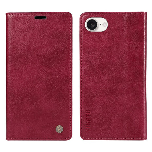 YIKATU YK-006 For iPhone 16e Case Wallet Leather Litchi Texture Magnetic Absorption Phone Cover - Wine Red