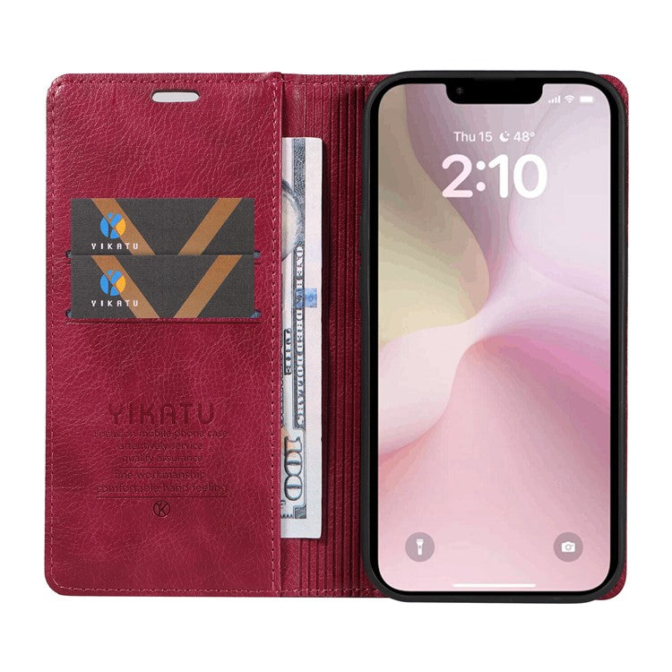 YIKATU YK-006 For iPhone 16e Case Wallet Leather Litchi Texture Magnetic Absorption Phone Cover - Wine Red