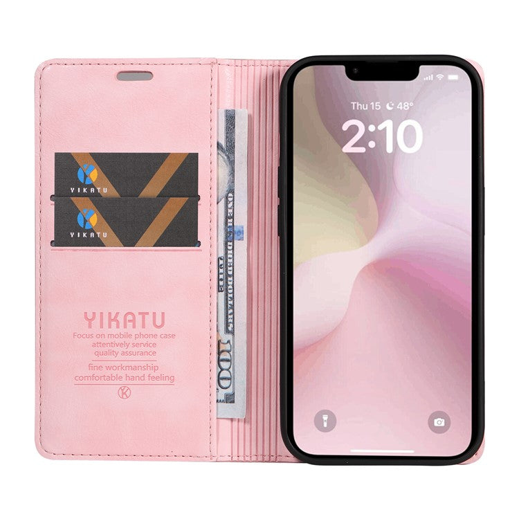 YIKATU YK-006 For iPhone 16e Case Wallet Leather Litchi Texture Magnetic Absorption Phone Cover - Pink