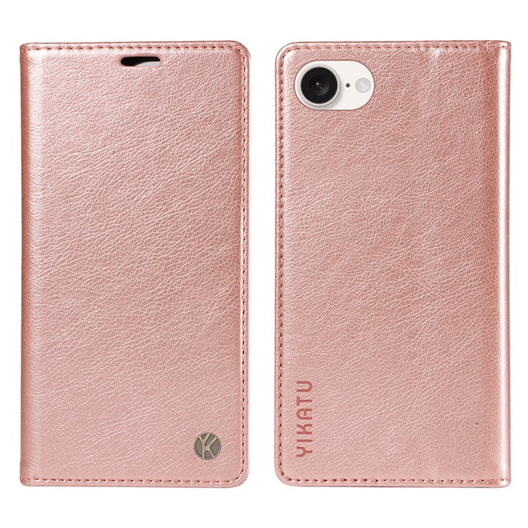 YIKATU YK-006 For iPhone 16e Case Wallet Leather Litchi Texture Magnetic Absorption Phone Cover - Rose Gold