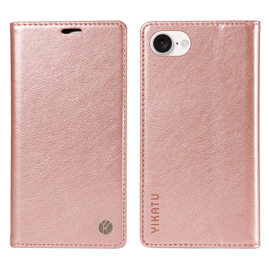 YIKATU YK-006 For iPhone 16e Case Wallet Leather Litchi Texture Magnetic Absorption Phone Cover - Rose Gold