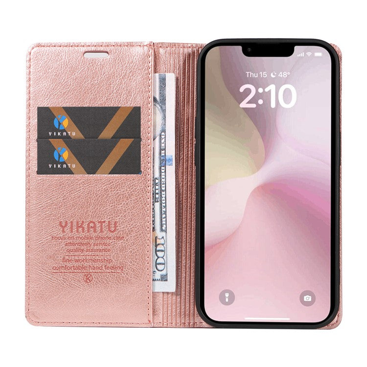 YIKATU YK-006 For iPhone 16e Case Wallet Leather Litchi Texture Magnetic Absorption Phone Cover - Rose Gold