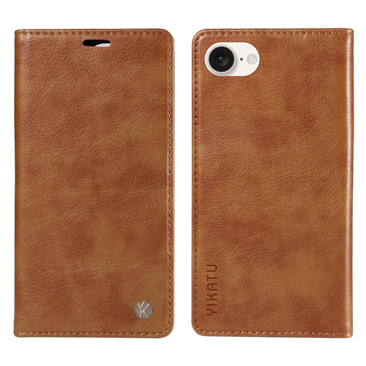 YIKATU YK-006 For iPhone 16e Case Wallet Leather Litchi Texture Magnetic Absorption Phone Cover - Brown